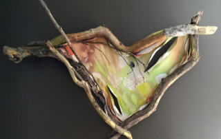 "Unfolding", Wood, cast bronze branches, canvas paint, 54 x 76 x 7 inches