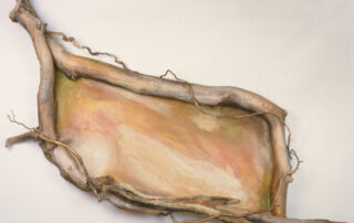 "Warm Inside," Oil, wood, canvas, cast bronze branches, 38 x 108 x 14 inches